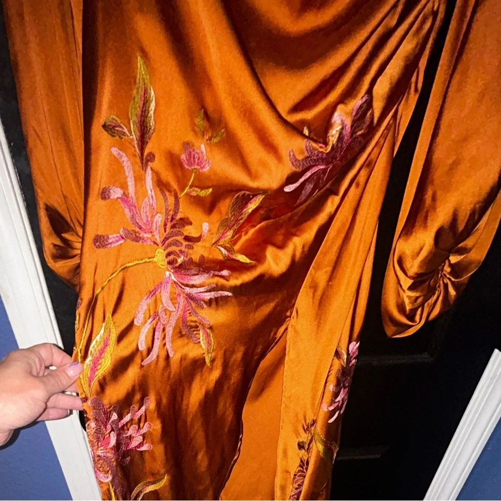 ASOS DESIGN long sleeve cut out bias maxi dress with floral embroidery in rust - Picture 4 of 5